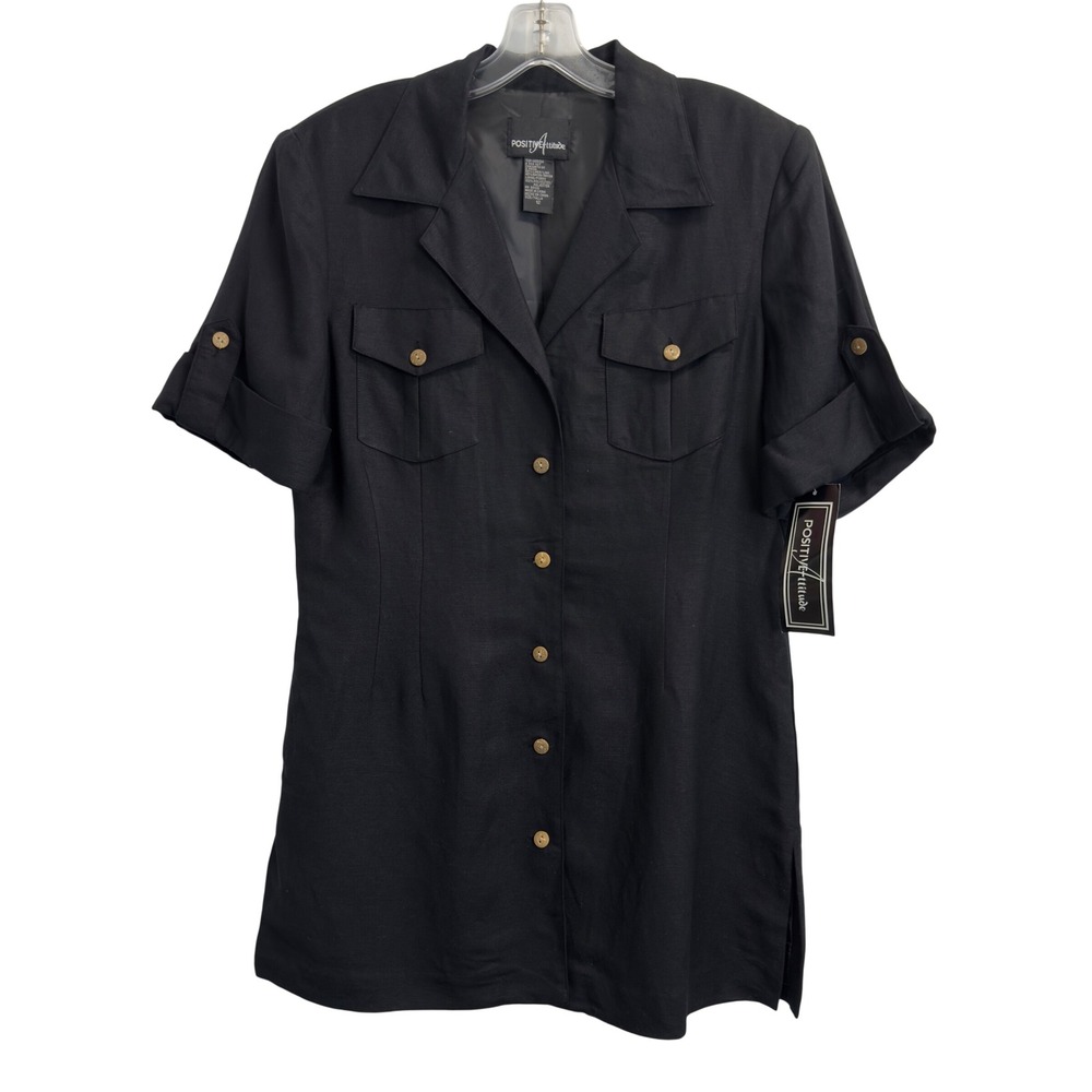 Positive Attitude Black Linen Blend Safari Button Down Mini Dress Size 12 NWT